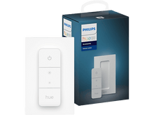 Charger l&#39;image dans la galerie, Interrupteur variateur Philips Hue blanc et boîte. La boîte est bleue et blanche. Le variateur a des icônes d&#39;alimentation, de soleil et le logo Hue.
