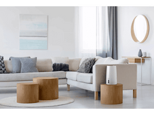 Charger l&#39;image dans la galerie, Salon avec canapé blanc, deux tables rondes en bois et un humidificateur.
