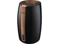 Humidificateur noir et bronze avec affichage numérique et design élégant et arrondi.