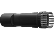 Tête de brosse d'aspirateur noire avec des poils. Elle est cylindrique et a une extrémité incurvée.