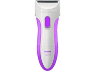 Un rasoir électrique Philips Ladyshave blanc et violet. Avec une poignée violette et une tête blanche.