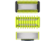 Trois têtes de rasoir. Le haut est noir et vert. Le milieu est vert. Le bas est noir et argenté.