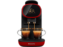 Charger l&#39;image dans la galerie, Une machine à café noire et rouge avec deux tasses de café.
