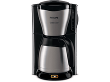 Charger l'image dans la galerie, Cafetière noire et argentée avec le logo Philips et le nom Cafe Gaia. Elle a une carafe argentée.
