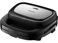 Sandwich maker Philips noir avec dessus argenté et poignée noire.
