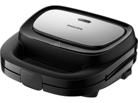 Sandwich maker Philips noir avec dessus argenté et poignée noire.
