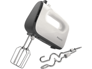Mixeur plongeant Philips blanc et gris avec fouets et un accessoire crochet.