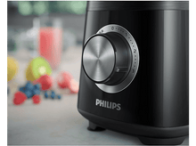 Charger l&#39;image dans la galerie, Blender Philips noir avec cadran argenté. Fruits visibles en arrière-plan.
