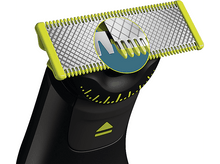 Charger l&#39;image dans la galerie, Gros plan d&#39;une tête de rasoir électrique noire et verte avec détail de la lame.
