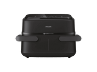 Une friteuse à air Philips noire avec un écran numérique sur le dessus et des poignées latérales, sur fond noir.