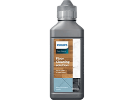 Solution de nettoyage des sols. Bouteille gris foncé. Étiquette blanche avec texte. Fond : blanc.