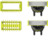 Quatre têtes de lames de rasoir, deux vertes et deux noires, avec des sections de lames jaunes et grises.