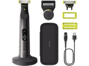 Un rasoir électrique Philips OneBlade noir avec accessoires, dont des peignes et un câble de charge.