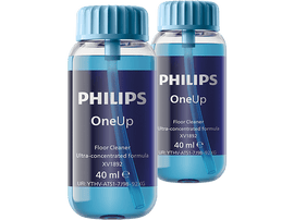 Deux bouteilles de nettoyant pour sols Philips OneUp. Bouteilles transparentes avec liquide bleu et bouchons bleus.