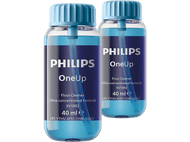 Deux bouteilles de nettoyant pour sols Philips OneUp. Bouteilles transparentes avec liquide bleu et bouchons bleus.