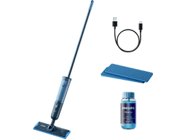 Serpillière bleue avec accessoires : tampons, câble de chargement et solution de nettoyage.