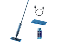 Serpillière bleue avec accessoires : tampons, câble de chargement et solution de nettoyage.