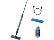 Serpillère Philips OneUp avec une bouteille de nettoyant et un câble de charge. Bleu et noir.
