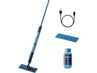 Serpillère Philips OneUp avec une bouteille de nettoyant et un câble de charge. Bleu et noir.
