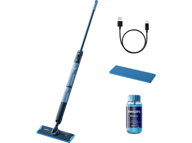 Serpillère Philips OneUp avec une bouteille de nettoyant et un câble de charge. Bleu et noir.