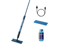 Serpillère Philips OneUp avec une bouteille de nettoyant et un câble de charge. Bleu et noir.