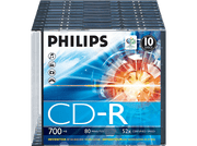 Une pile de disques CD-R Philips dans un étui avec texte et logo.