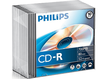 Disques CD-R dans un étui en plastique. Les disques sont argentés avec du texte bleu et le logo Philips.
