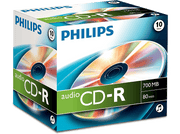 Boîte de CD-R audio Philips avec une pile de CD. Texte sur la boîte.