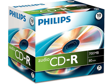 Boîte de CD-R audio Philips avec une pile de CD. Texte sur la boîte.