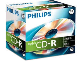 Boîte de CD-R audio Philips avec une pile de CD. Texte sur la boîte.