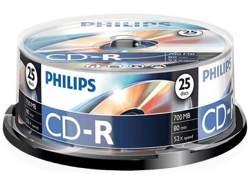 Paquet de CD-R. Emballage blanc et bleu avec la marque PHILIPS. 25 disques visibles.