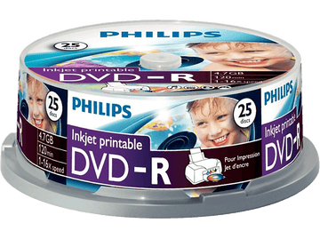 Disques Philips DVD-R dans un boîtier transparent, avec texte et images.
