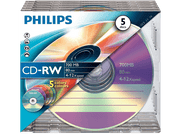 Lot de 5 CD-RW Philips. CD empilés dans un étui transparent avec un design dégradé. Diverses couleurs.