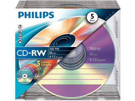 Lot de 5 CD-RW Philips. CD empilés dans un étui transparent avec un design dégradé. Diverses couleurs.