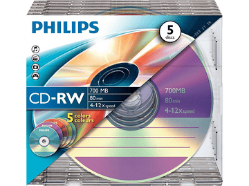 Pack Philips CD-RW avec 5 disques et disques colorés à gauche.