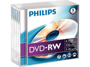 Une pile de cinq disques DVD-RW dans un étui en plastique, avec des informations sur le produit visibles.