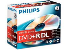 Charger l&#39;image dans la galerie, Boîte Philips DVD+R DL. La boîte montre un DVD avec le texte &quot;Double Layer&quot; et divers icônes et détails techniques.
