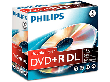 Boîte Philips DVD+R DL. La boîte montre un DVD avec le texte 