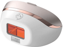 Charger l&#39;image dans la galerie, Appareil d&#39;épilation blanc et or rose. Avec fenêtre de lumière orange et petite icône de visage.
