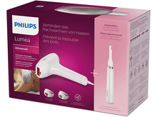 Charger l&#39;image dans la galerie, Boîte d&#39;un appareil d&#39;épilation Philips Lumea, avec l&#39;appareil et les accessoires présentés.

