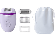 Un épilateur Philips lilas avec accessoires, un sac de rangement et le logo Philips visible.