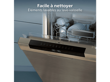 Charger l&#39;image dans la galerie, Porte de lave-vaisselle ouverte, révélant la vaisselle à l&#39;intérieur. Le panneau affiche l&#39;heure. Texte: Facile à nettoyer, éléments lavables au lave-vaisselle.
