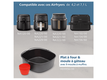 Charger l&#39;image dans la galerie, L&#39;image montre plusieurs friteuses et un plat de cuisson avec des moules à muffins. Le texte indique la compatibilité et les détails du produit.
