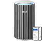 Voir tous les Purificateur d'air Philips, design à rayures noir et blanc, avec un téléphone affichant l'interface de l'application.