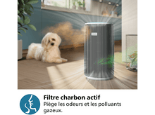 Charger l&#39;image dans la galerie, Purificateur d&#39;air avec chien, texte en français sur filtre à charbon actif.
