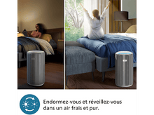 Charger l&#39;image dans la galerie, Image en deux parties : personne au lit, purificateur d&#39;air et femme qui se réveille.
