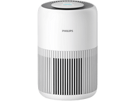 Purificateur d'air blanc avec un dessus arrondi et une partie inférieure rayée. Marque 'PHILIPS'.