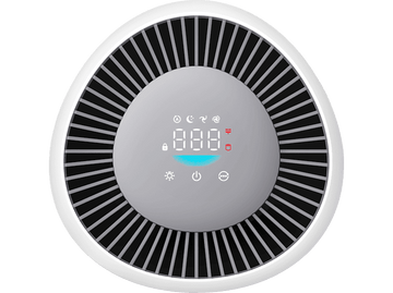 Purificateur d'air blanc avec affichage numérique. L'affichage montre des chiffres et des icônes. L'anneau extérieur est noir.