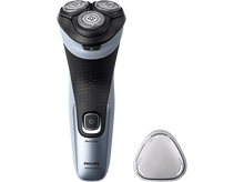 Charger l&#39;image dans la galerie, Rasoir électrique noir et bleu avec trois têtes. Le rasoir et une tête de nettoyage sur une surface blanche.
