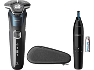 Rasoir électrique, tondeuse nasale et étui de voyage Philips sur fond noir.